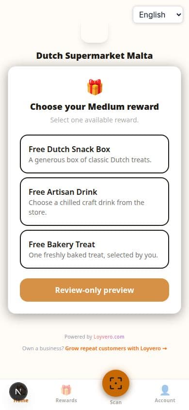 Loyvero customer reward selection using fictional demo data.